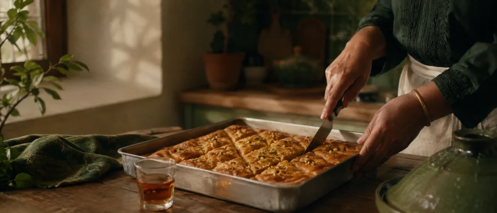 صينية بقلاوة منزلية في مطبخ عائلي متواضع، ترمز إلى بقلاوة الأم التي تبقى المرجع.