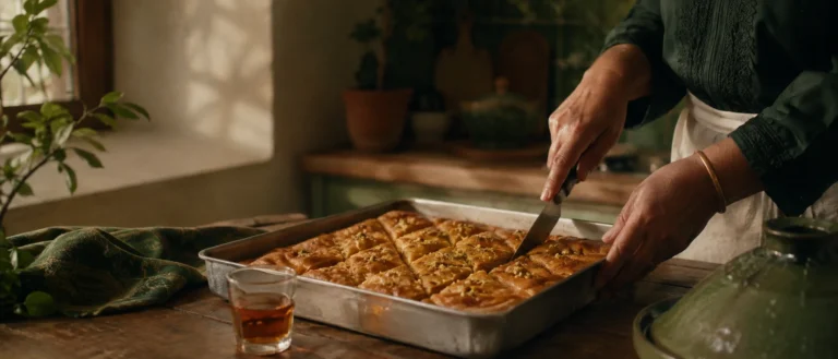 صينية بقلاوة منزلية في مطبخ عائلي متواضع، ترمز إلى بقلاوة الأم التي تبقى المرجع.