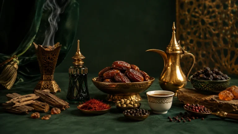 Qatari gift selection with dates, oud perfume, bakhoor, Arabic coffee and traditional spices inspired by Souq Waqif in Doha.