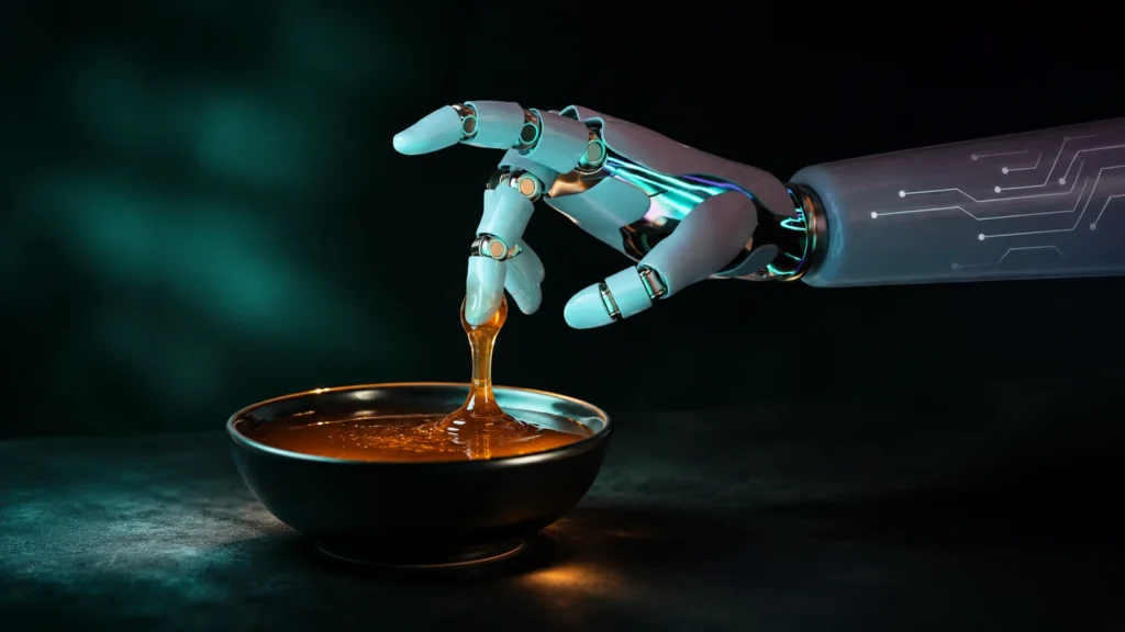 Robotic hand lifting a sticky thread of honey from a dark bowl, illustrating whether artificial intelligence can detect fake or authentic honey. ai inteligance artificial