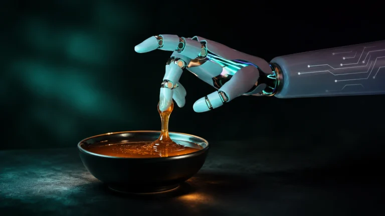 Robotic hand lifting a sticky thread of honey from a dark bowl, illustrating whether artificial intelligence can detect fake or authentic honey. ai inteligance artificial