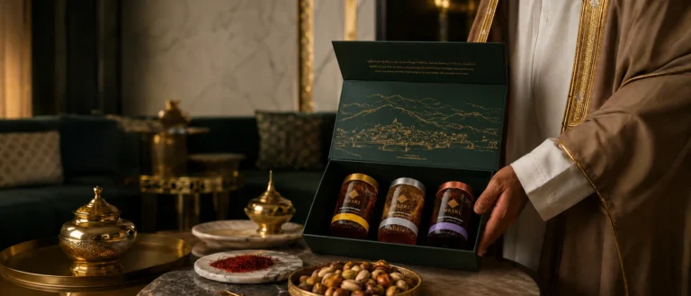 Elegant Gulf business hospitality scene with a premium honey gift for corporate, client and VIP giving