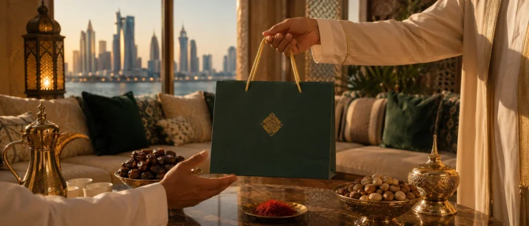 Refined Doha majlis scene with a honey gift, dates and Arabic coffee for corporate and VIP gifting in Qatar
