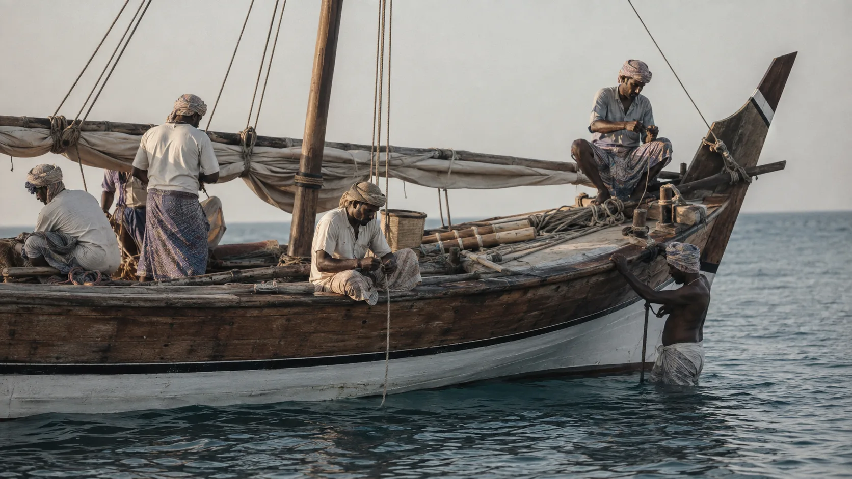 Traditional pearling dhow on the Gulf, representing the maritime world that sustained pearl diving economies.