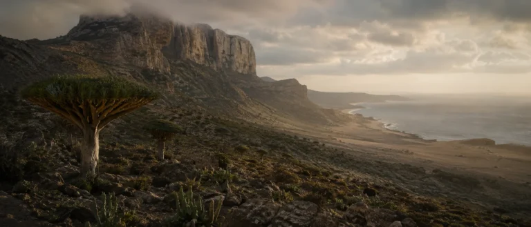 Mature Dracaena cinnabari dragon's blood tree growing among the limestone highlands of Socotra