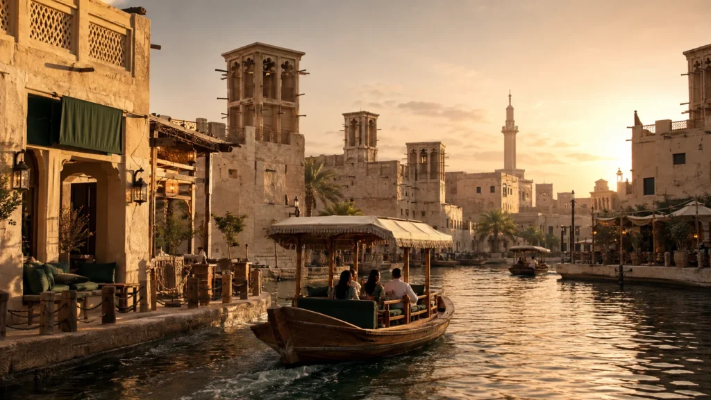 Traditional wooden abra travelling through Dubai Creek beside the wind towers and heritage buildings of Old Dubai at golden hour.
