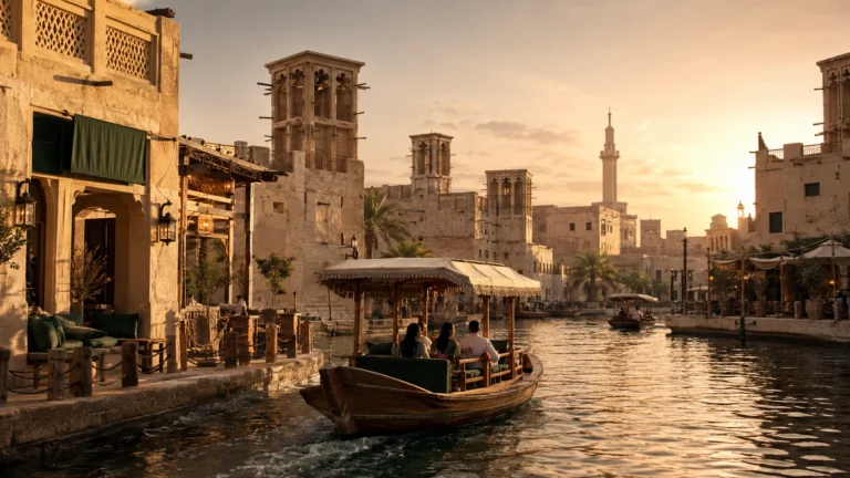 Traditional wooden abra travelling through Dubai Creek beside the wind towers and heritage buildings of Old Dubai at golden hour.