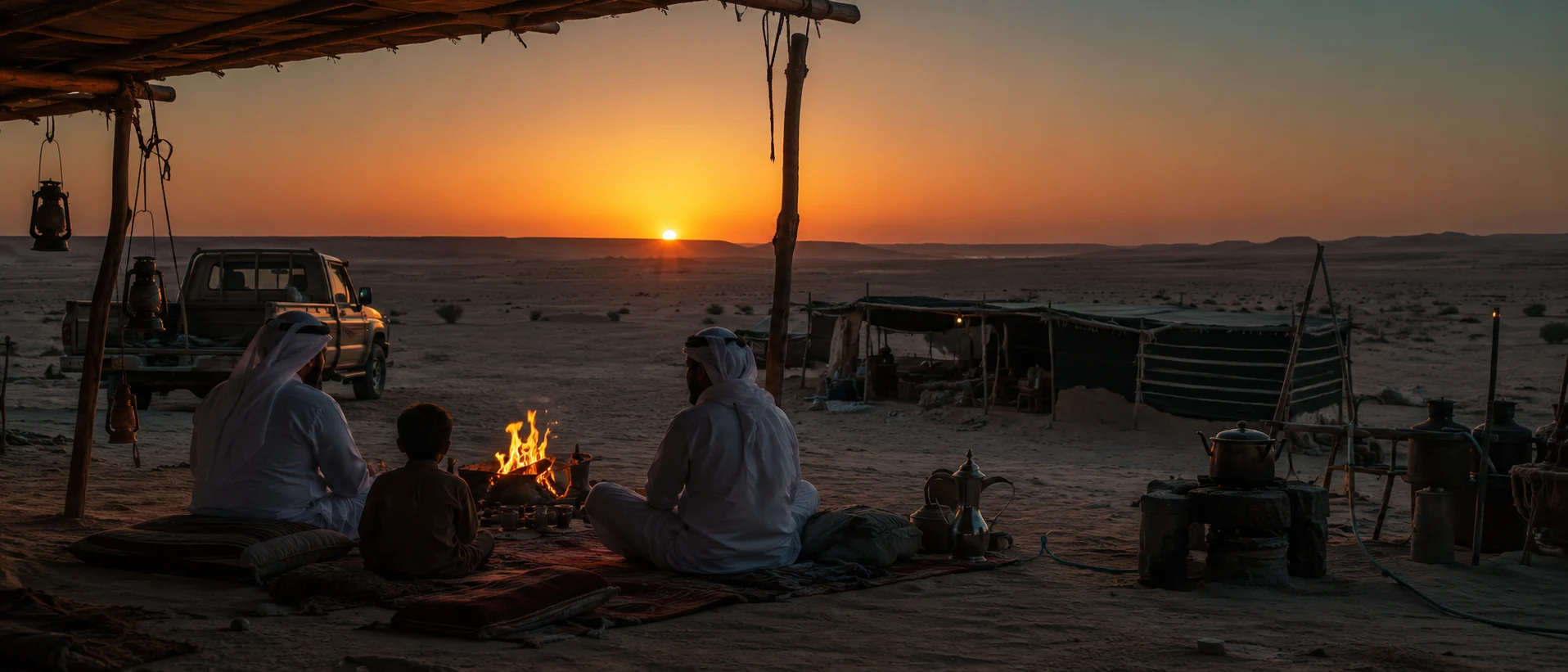Emirati desert ezba at sunset with family seating, a small fire, Arabic coffee and the open desert horizon