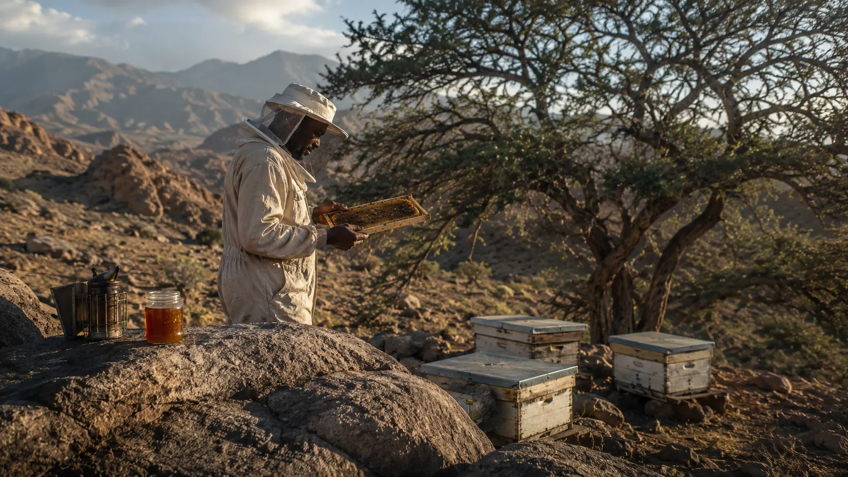 A honey jar beside a beekeeper in a mountain landscape, representing the story behind every Meski harvest