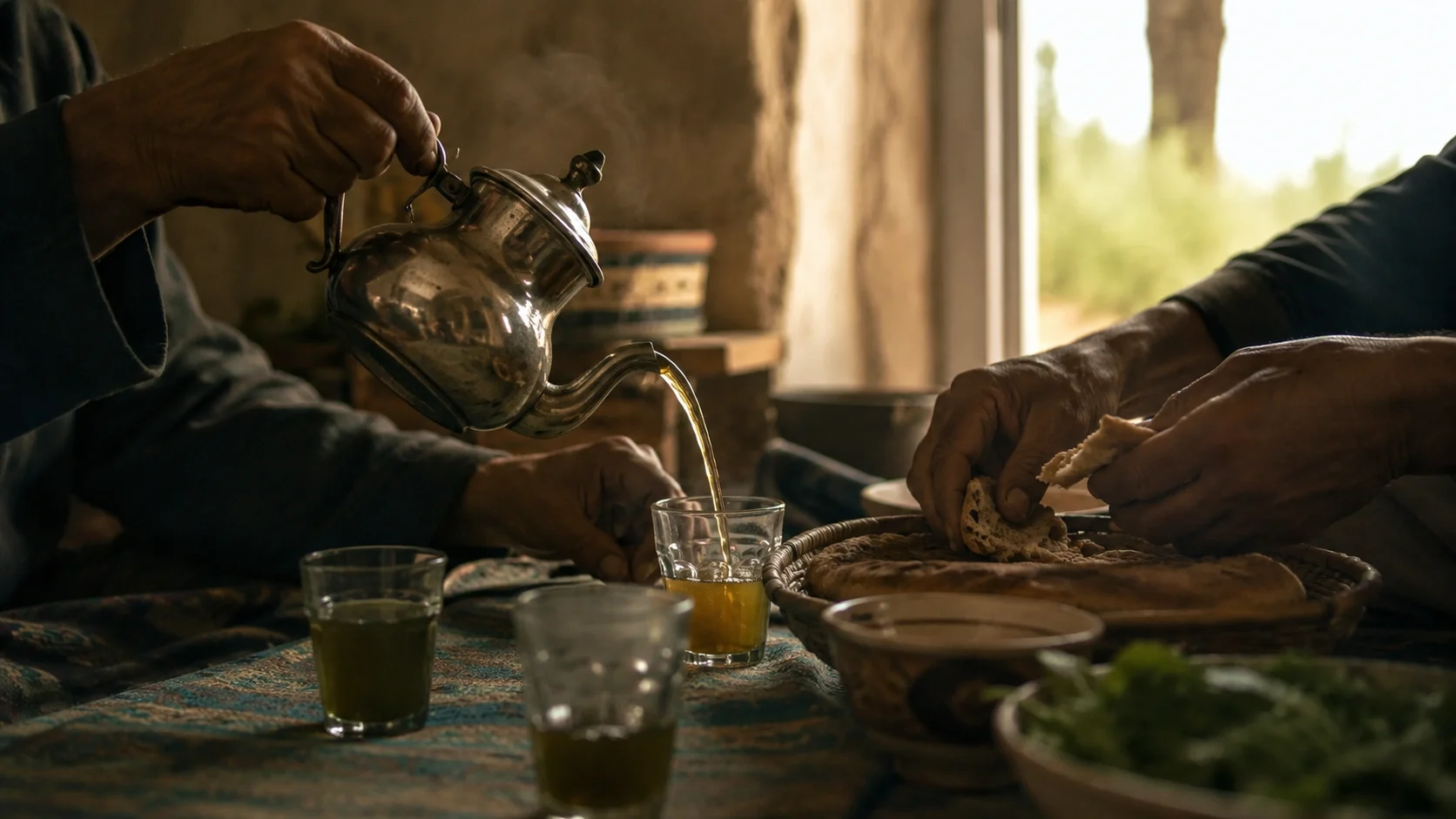 Hands sharing tea and bread in a modest family setting, representing culture transmitted through ordinary gestures