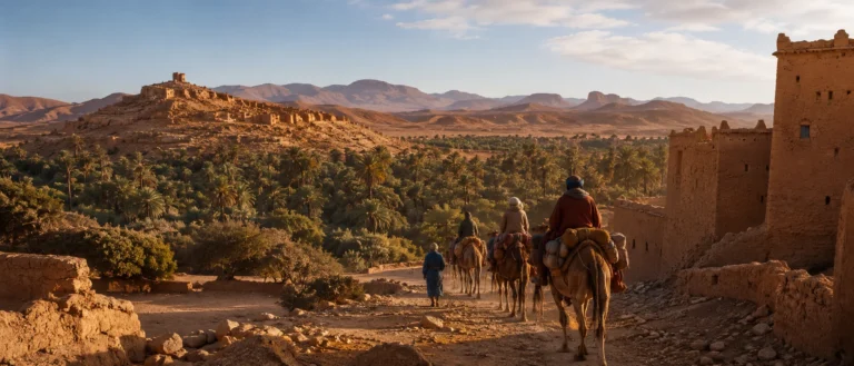 A caravan landscape in the Tafilalet, where desert routes meet oasis life and memory.