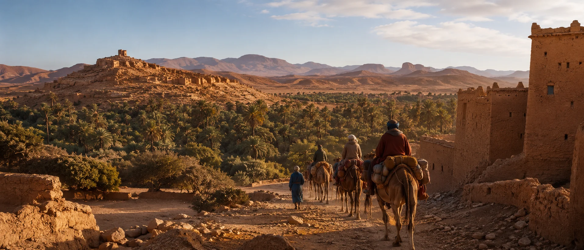 A caravan landscape in the Tafilalet, where desert routes meet oasis life and memory.