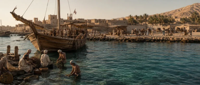 Gulf life before petroleum with a wooden dhow, pearl divers, mud-brick settlement, palms and caravan trade