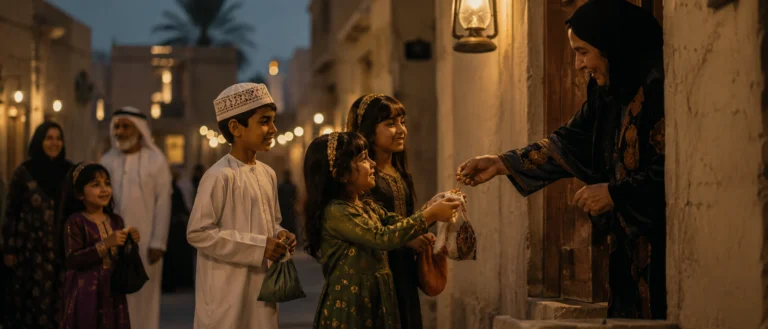 أطفال خليجيون يحملون أكياس الحلوى بينما تقدم لهم جدة المكسرات في تقليد عائلي ينتقل بين الأجيال