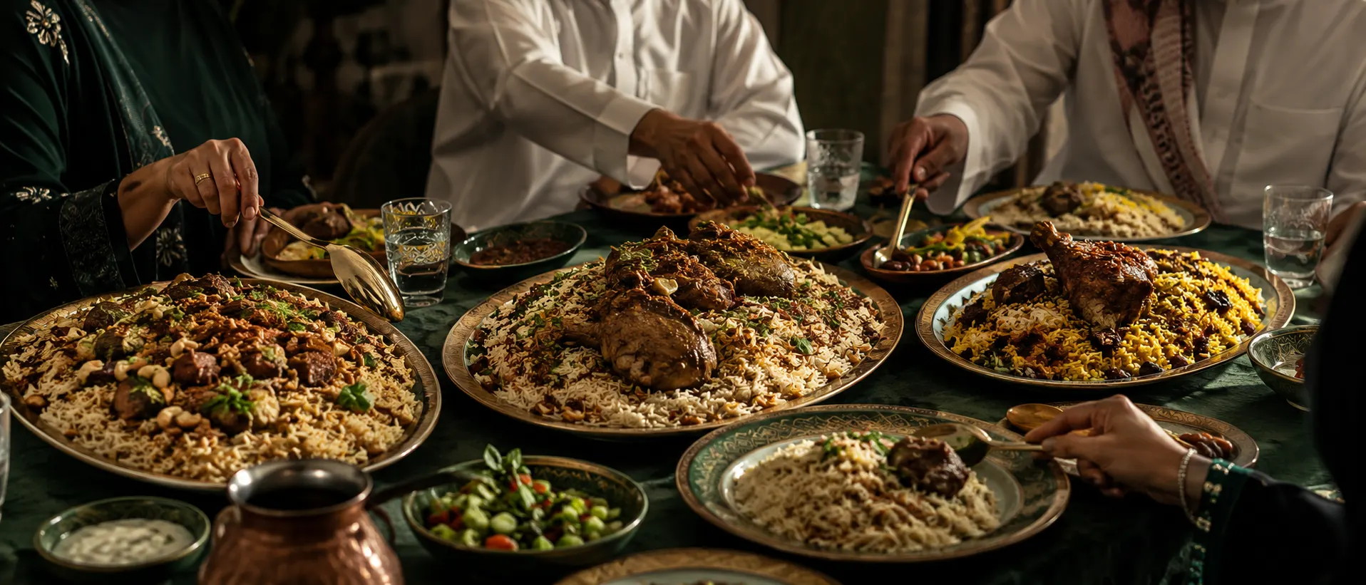 Several distinct Gulf rice and meat preparations showing culinary traditions from the UAE, Qatar, Oman and Saudi Arabia