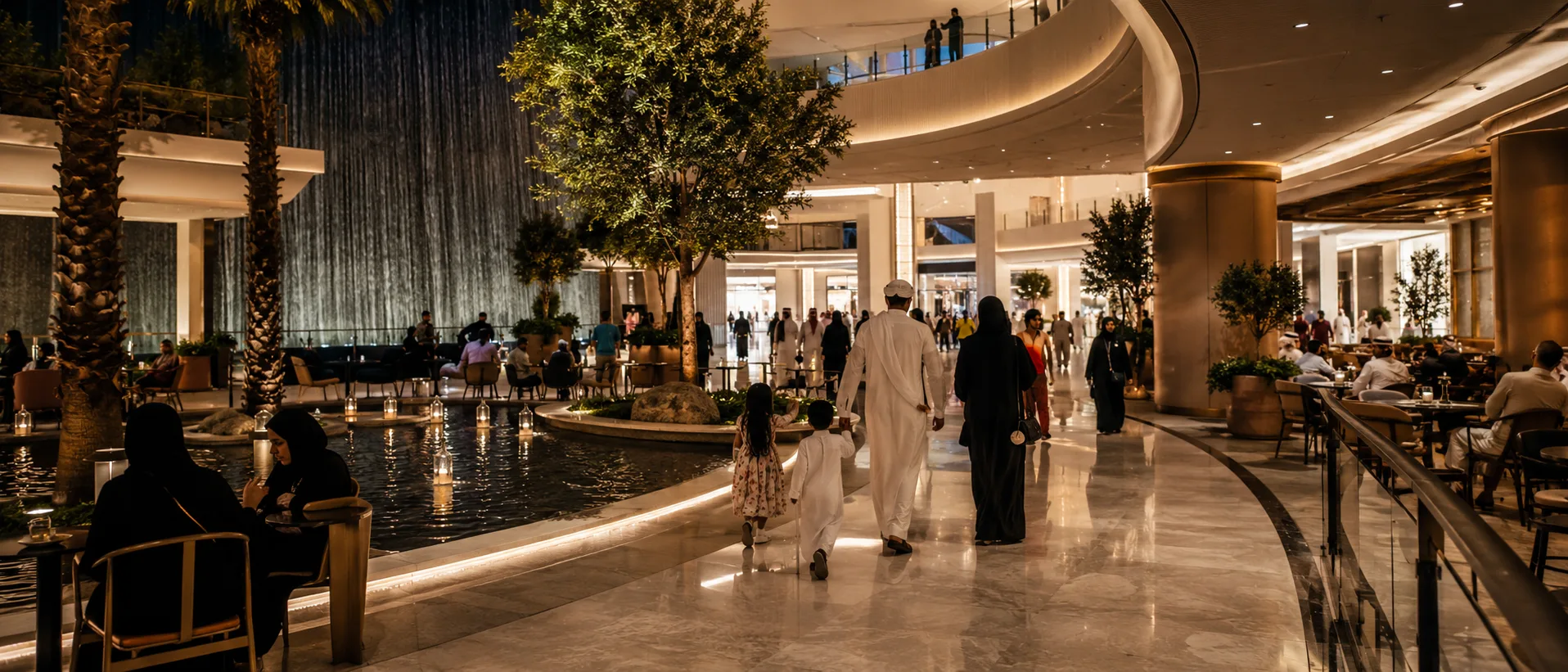 Modern Gulf mall used as an evening social space by families, children and people meeting over coffee