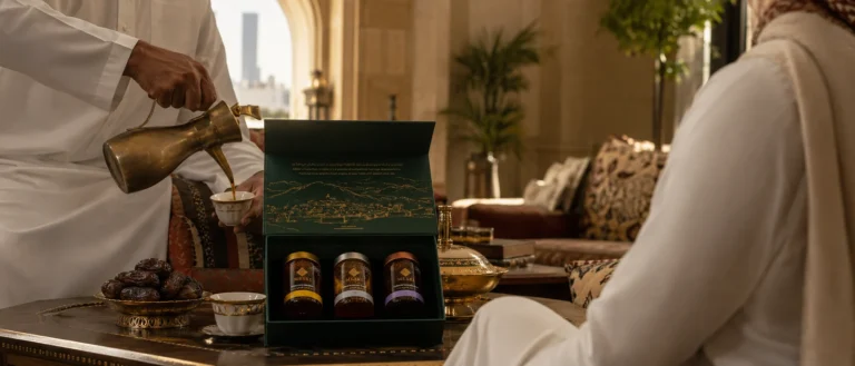 هدية عسل فاخرة في مجلس قطري معاصر مع قهوة عربية وتمور ولمسة ذهبية هادئة
