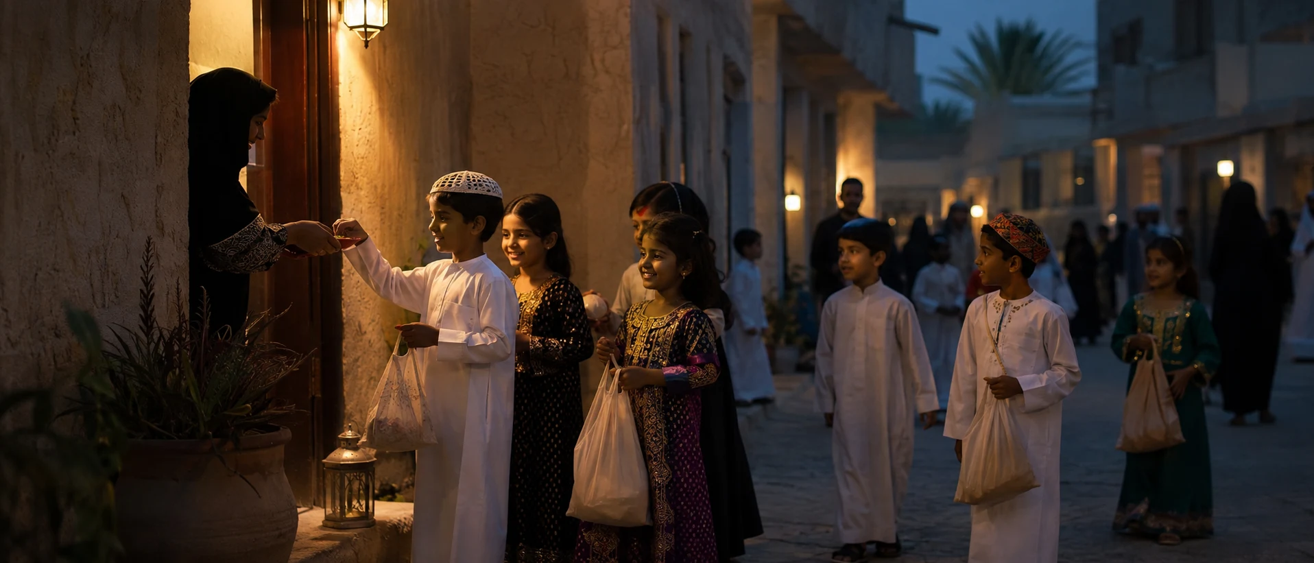 Children visiting neighbourhood homes with small sweet bags during Gulf seasonal traditions celebrated by families