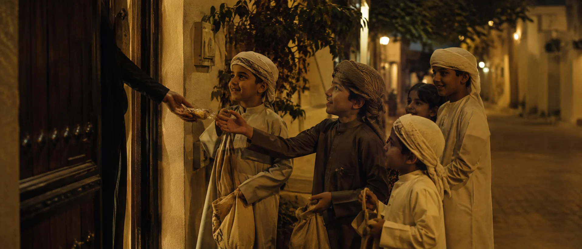 أطفال في حي إماراتي يزورون بيوت الجيران ويحملون أكياس الحلوى خلال احتفال حق الليلة قبل رمضان