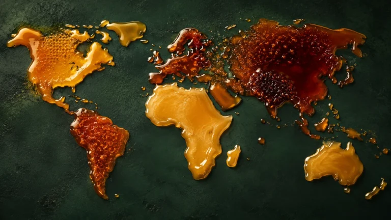 World map formed from pale, golden, amber and dark honey on a textured deep green background.