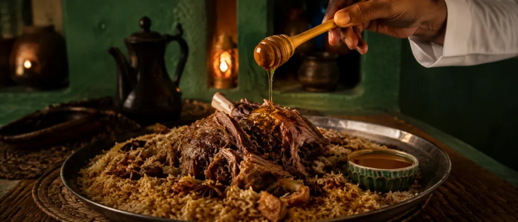 Golden honey being lightly drizzled over slow-cooked lamb and rice in a traditional Emirati restaurant