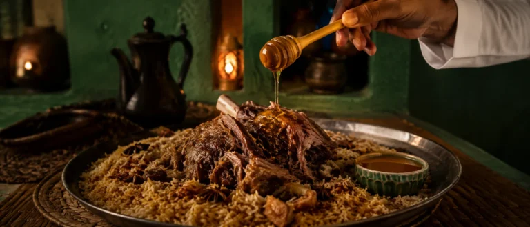 Golden honey being lightly drizzled over slow-cooked lamb and rice in a traditional Emirati restaurant
