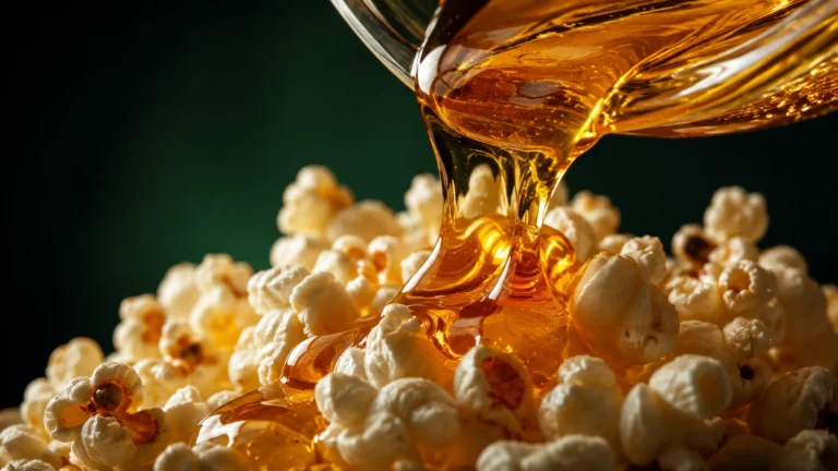 Golden honey flowing over freshly popped corn in an ultra-macro Arabian movie-night food scene against a deep Meski-green background.