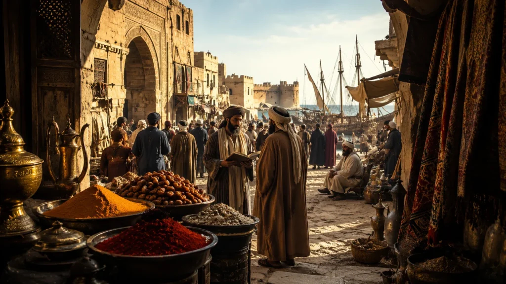 A medieval Islamic port market evoking Ibn Battuta’s accounts of travel, trade and everyday life.