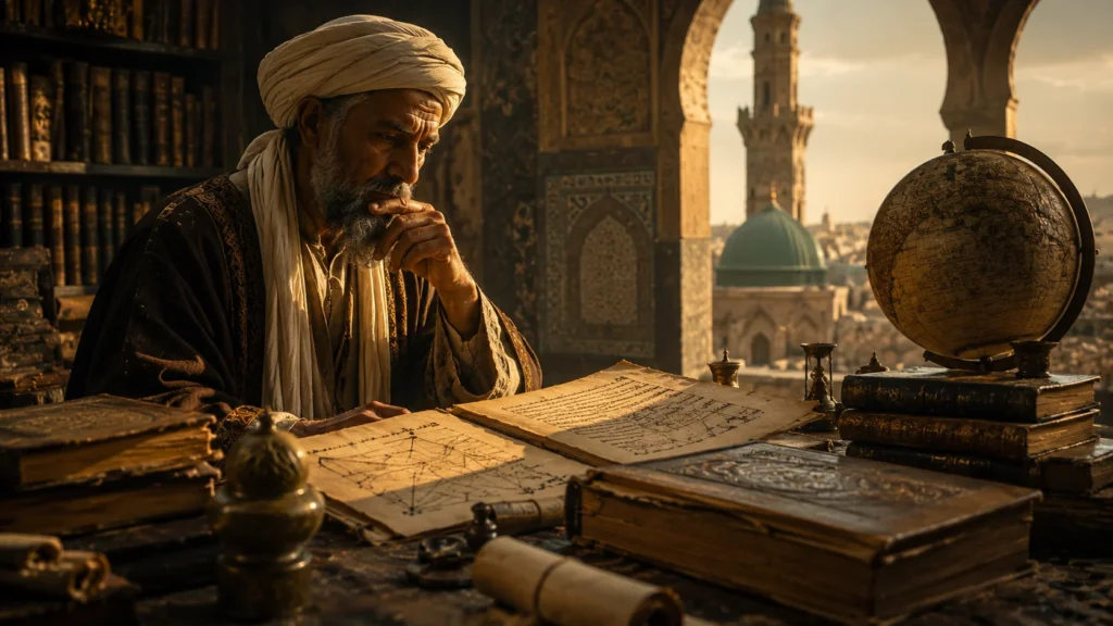 ابن خلدون يتأمل المخطوطات والخرائط في مجلس علمي يرمز إلى دراسته لصعود الحضارات وسقوطها.