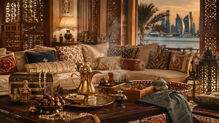 Elegant Arabian salon displaying dates, Arabic coffee, oud perfume, spices and traditional gifts inspired by Doha and Dubai