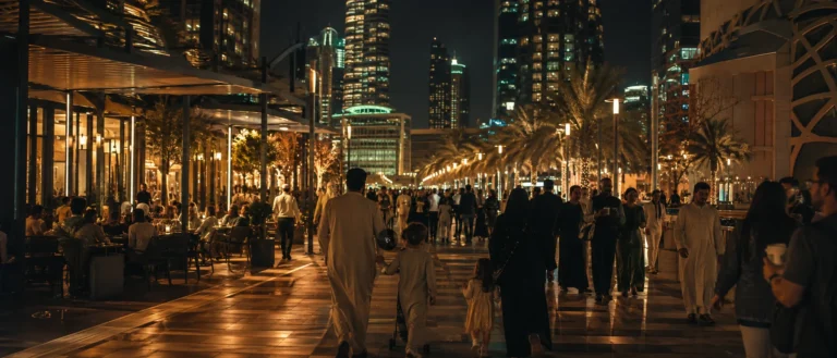 ليلة رمضانية في أبوظبي بعد الإفطار والعائلات تمشي في الشوارع