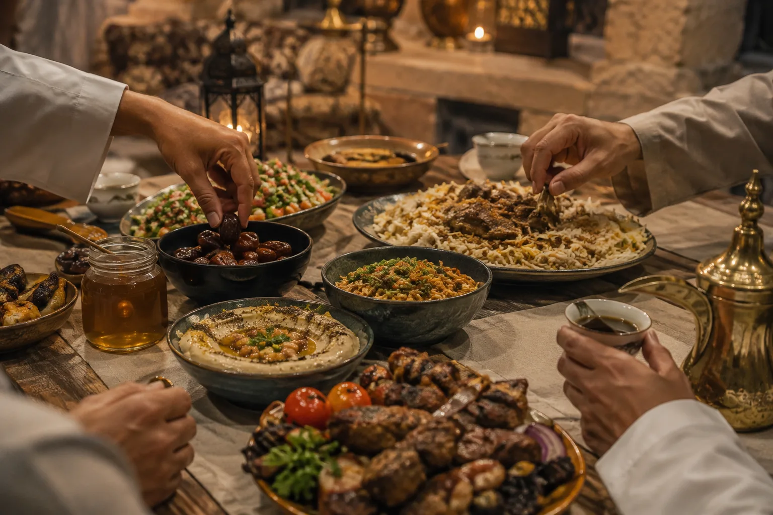 Abu Dhabi Ramadan majlis table with Arabic coffee dates food and honey