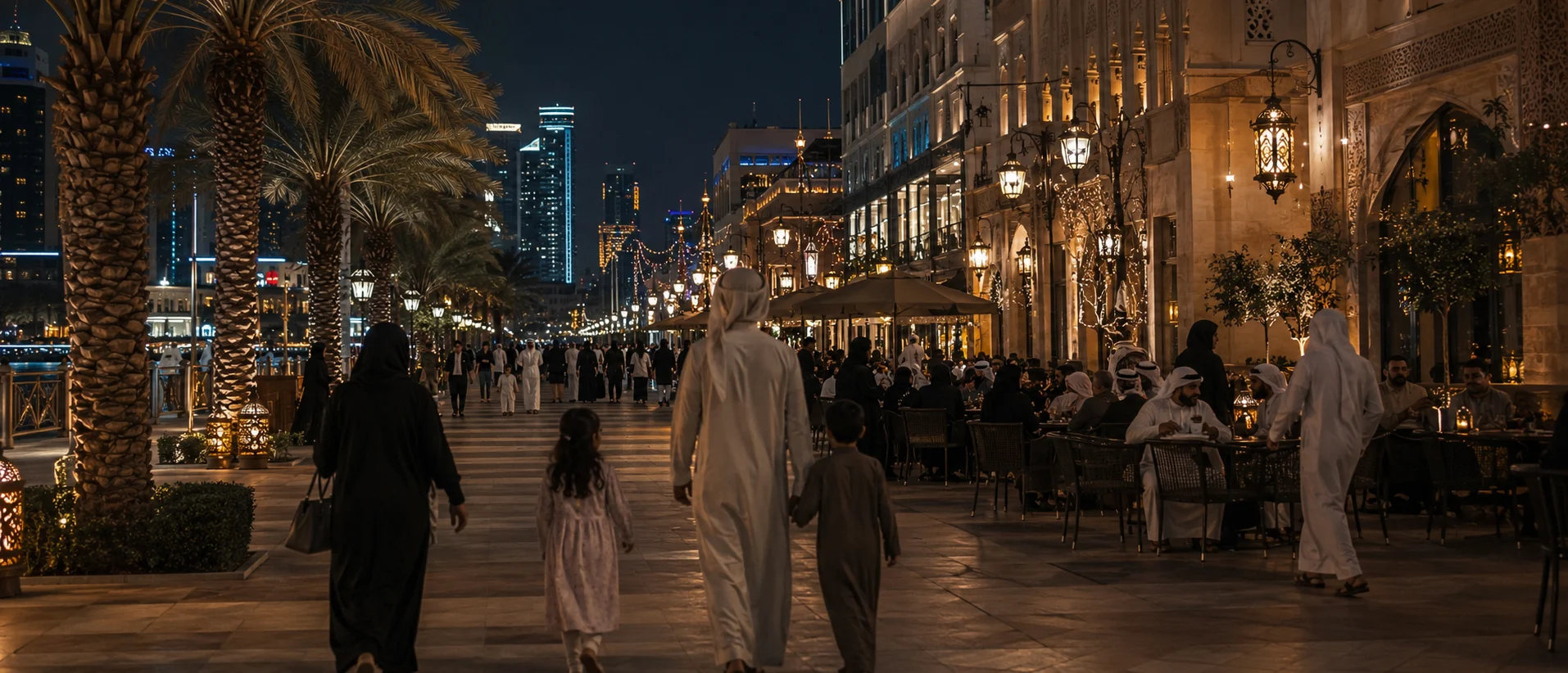 Ramadan night in Abu Dhabi with families walking after iftar