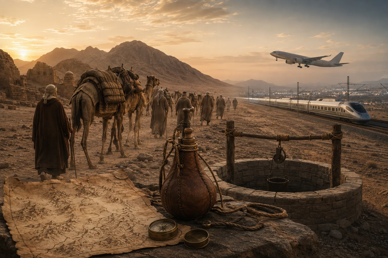 طرق الحج القديمة والآبار والقوافل مقابل الطائرات وقطار الحرمين في العصر الحديث