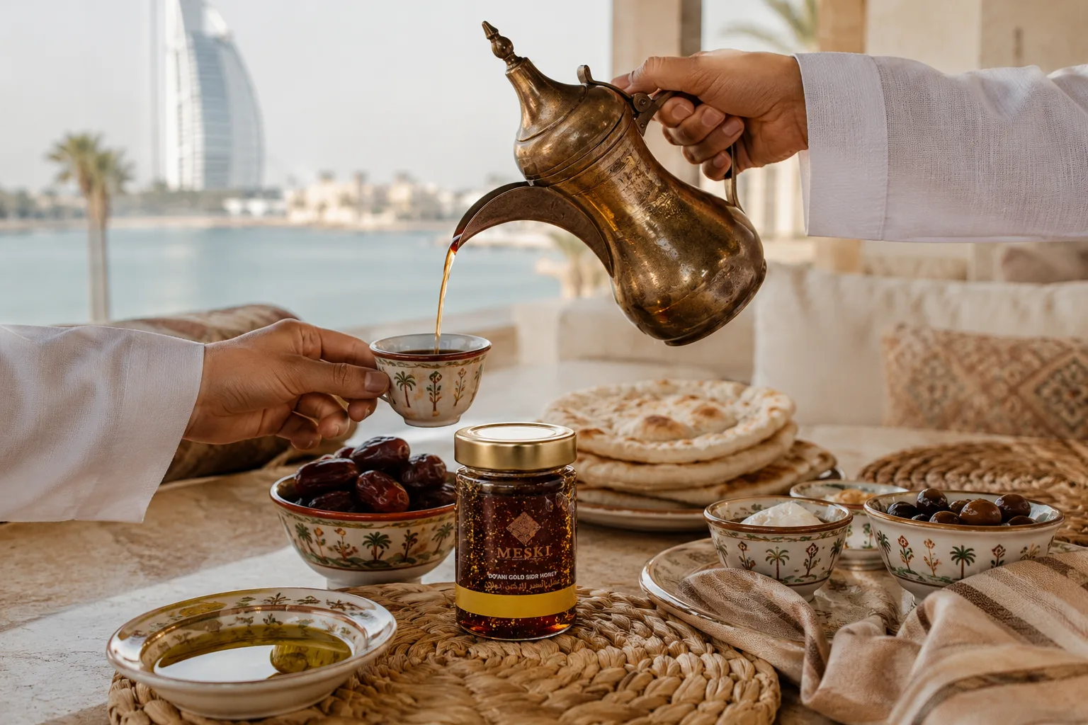 فطور إماراتي في جميرا مع قهوة عربية وتمور وخبز وعسل سدر وأجواء ساحلية من دبي