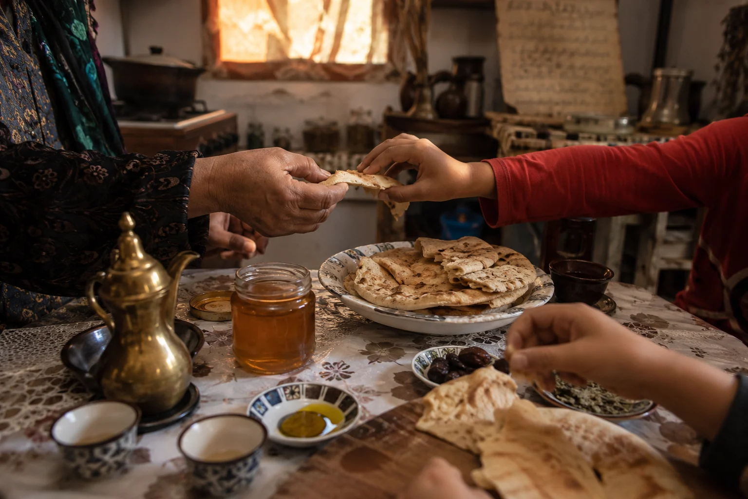 أم عربية مع أفراد العائلة في المطبخ حول الخبز والعسل وزيت الزيتون والقهوة