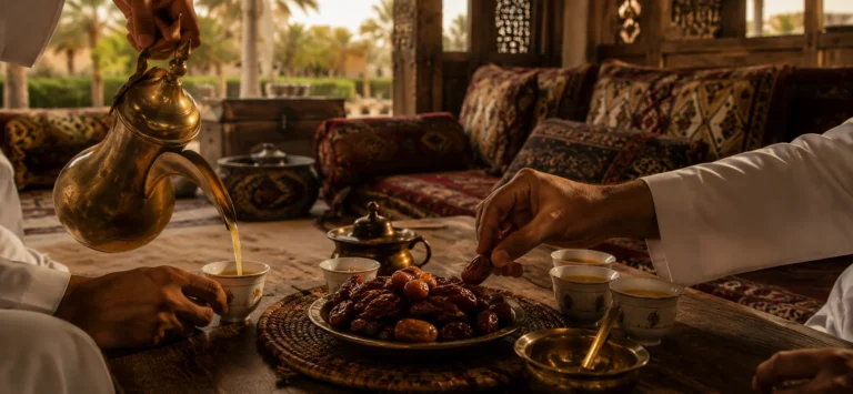 دلة وفناجين قهوة عربية مع التمر في مجلس خليجي دافئ