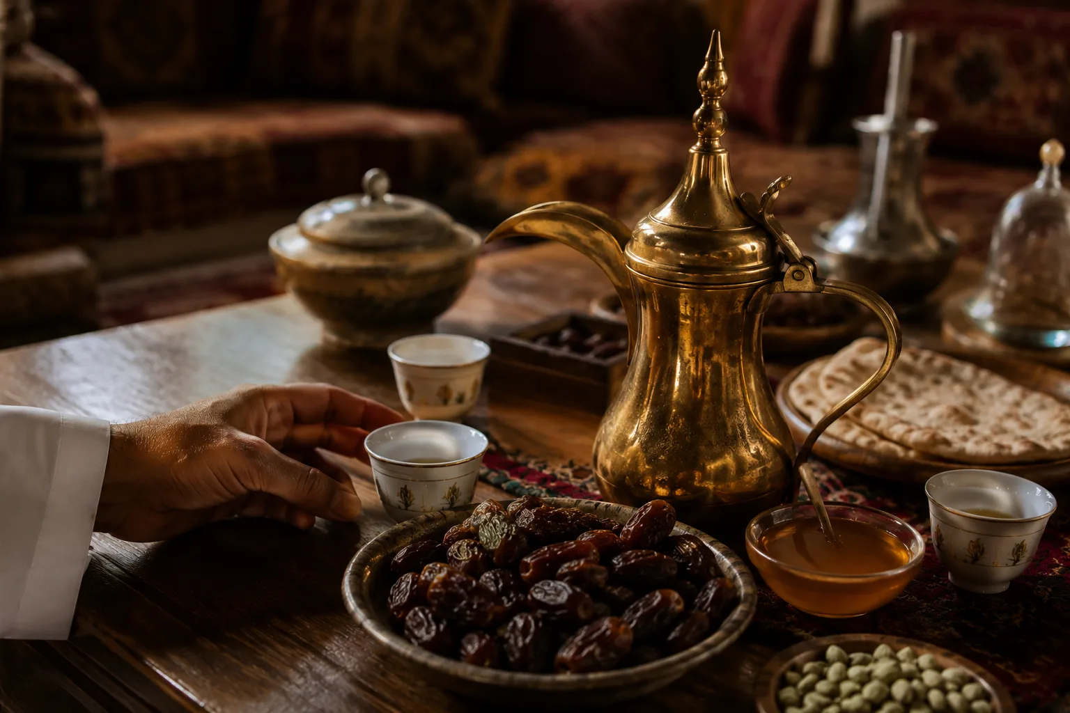 قهوة عربية وتمر وعسل سدر على مائدة ضيافة عربية