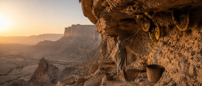 كهف جبلي ناء في وادي عمد باليمن مع نحل بري وأجواء حصاد عسل تقليدية