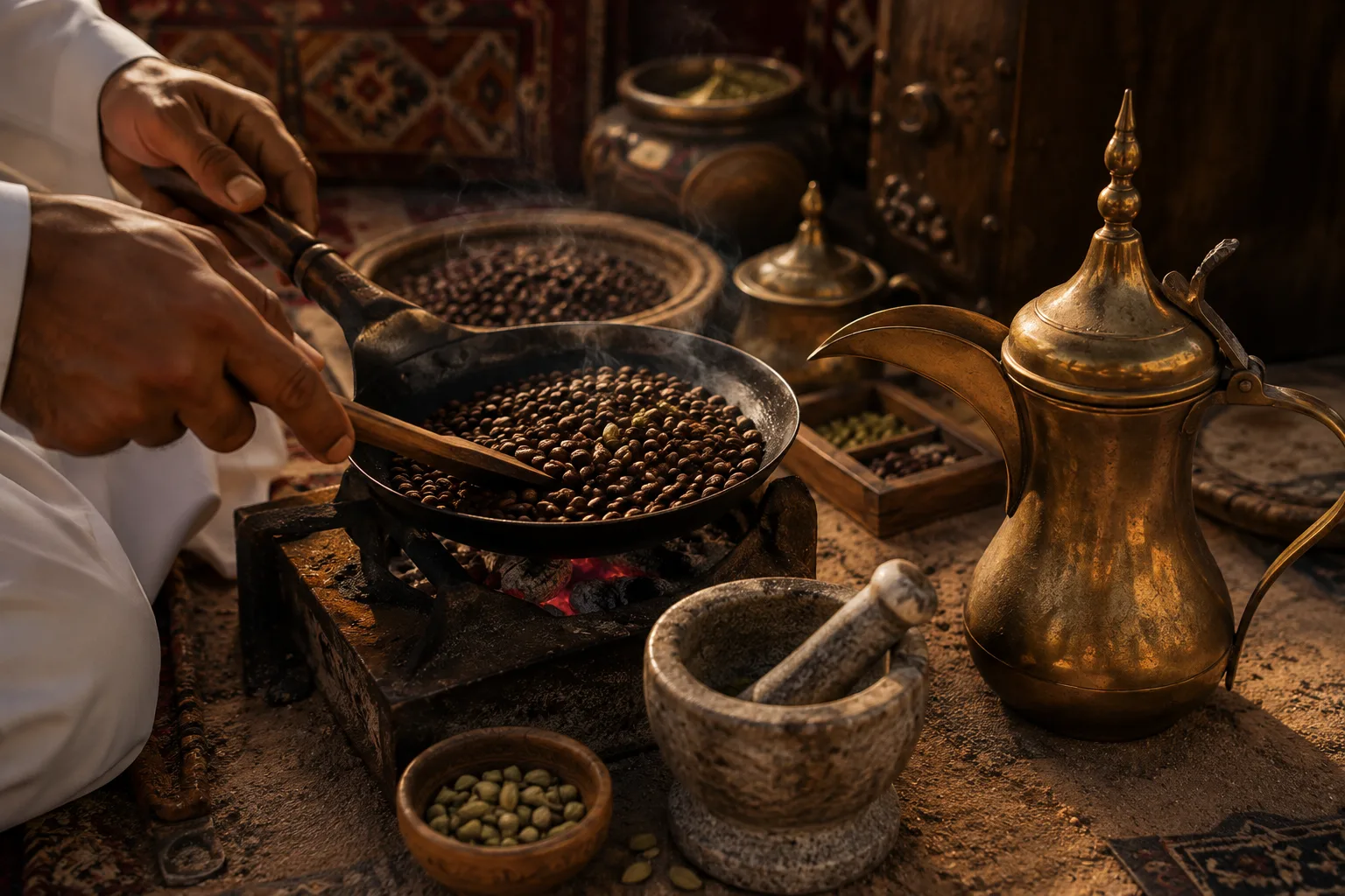 Light roasting Arabic coffee beans with cardamom and traditional dallah