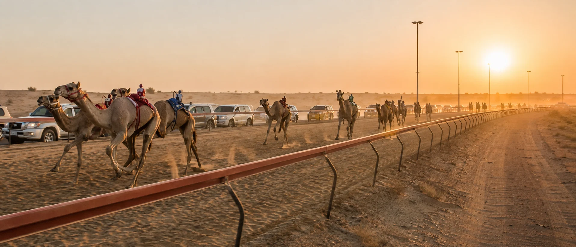 Camel racing at sunrise in the UAE desert with racing camels and accompanying vehicles