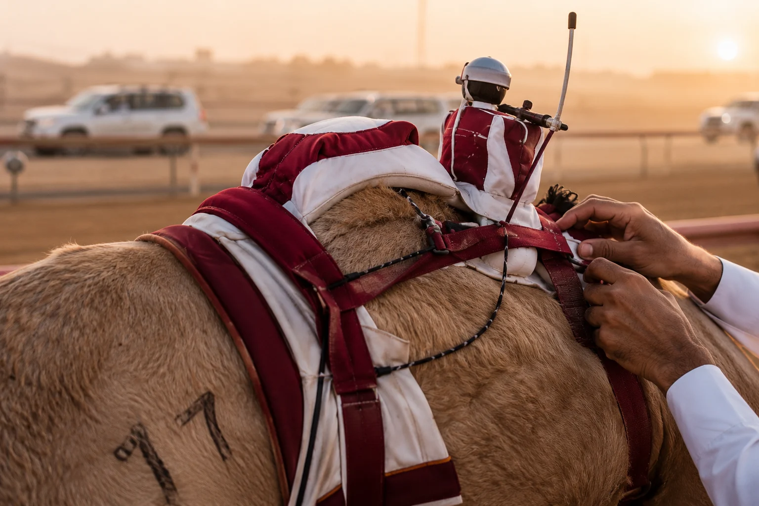 Modern robot jockey on a racing camel during an early morning UAE desert race