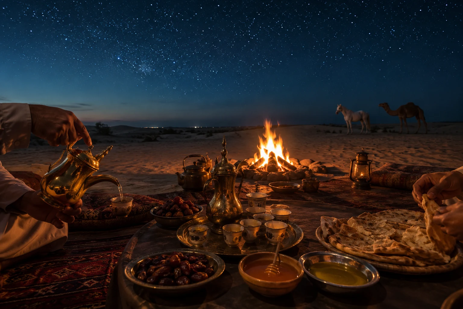 Desert majlis with Arabic coffee bread olive oil honey and stars in the Gulf