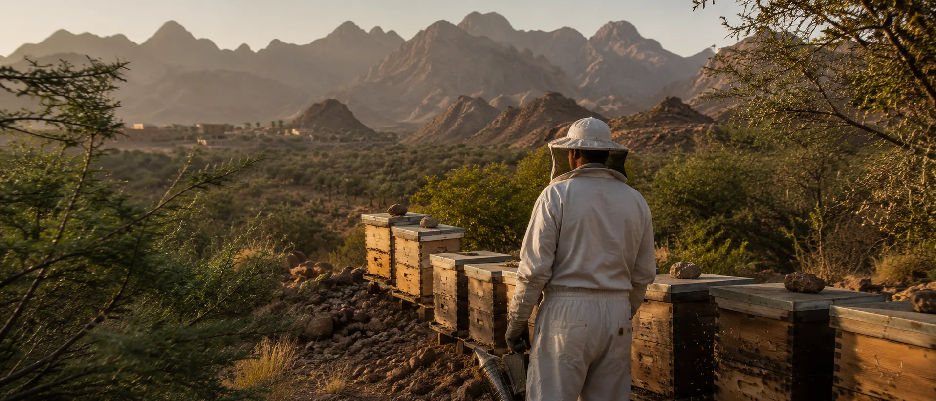 Dubai honey and Hatta beekeeping with Sidr trees mountain hives and UAE landscape