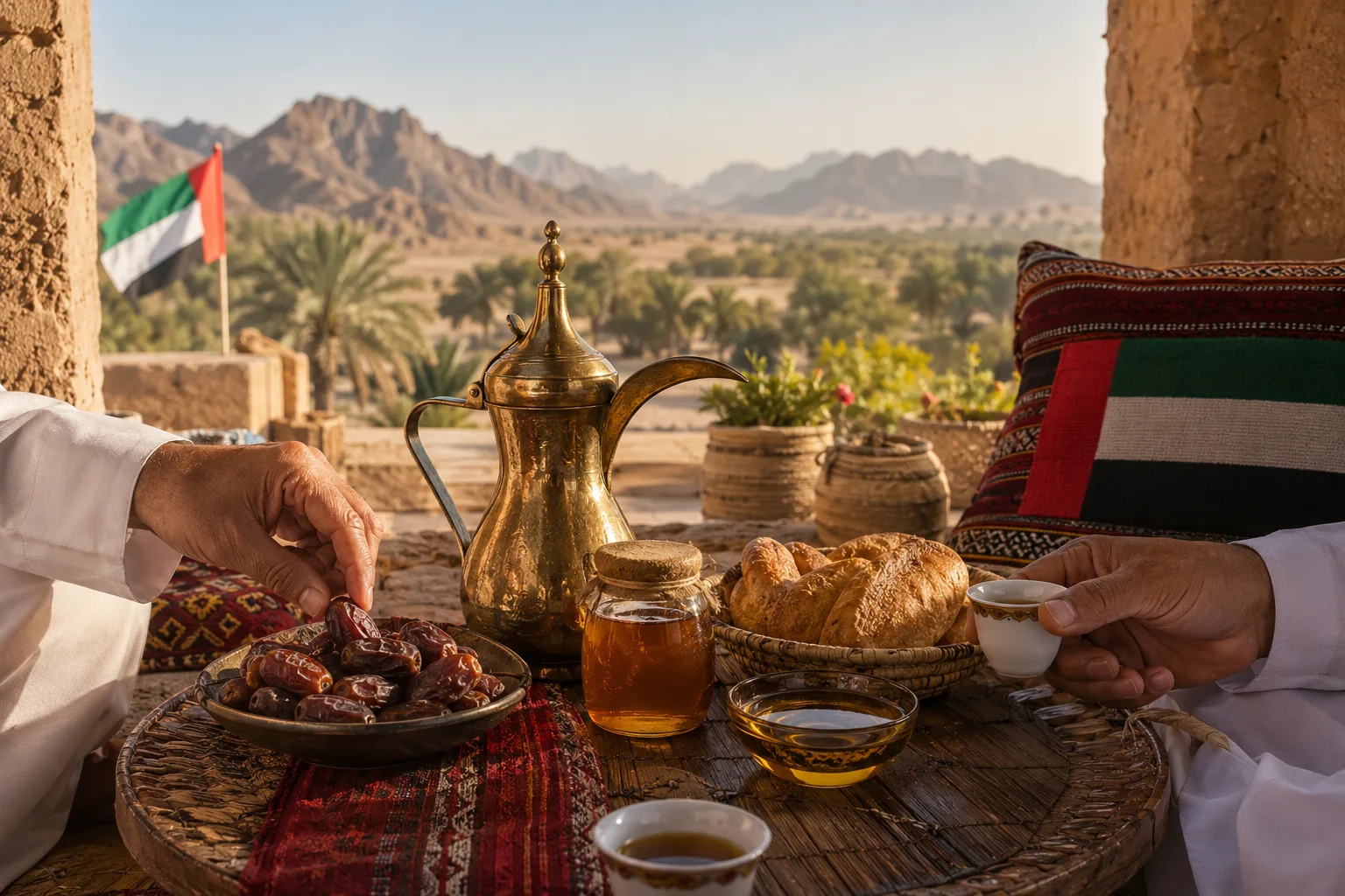 Arabic coffee dates and honey symbolising seven UAE landscapes during Eid Al Etihad 2026