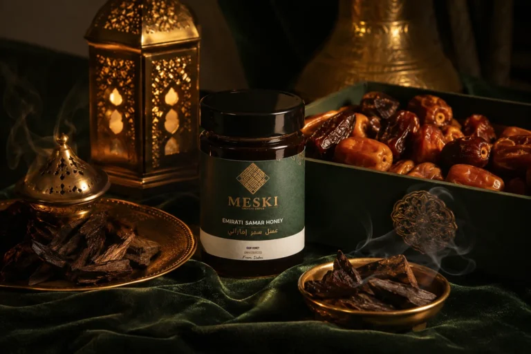 MESKI Emirati Samar honey with premium dates and oud arranged for an elegant Gulf Ramadan gift
