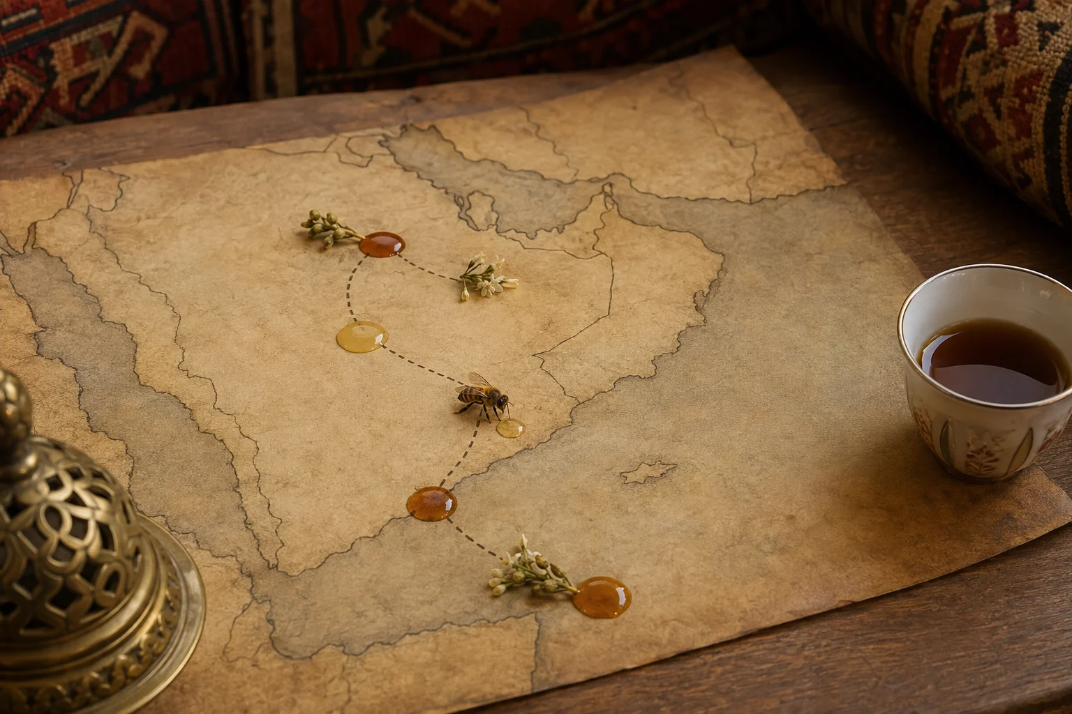 Bee travelling across a map of Yemen Oman UAE Saudi Arabia and Qatar following Gulf honey origins