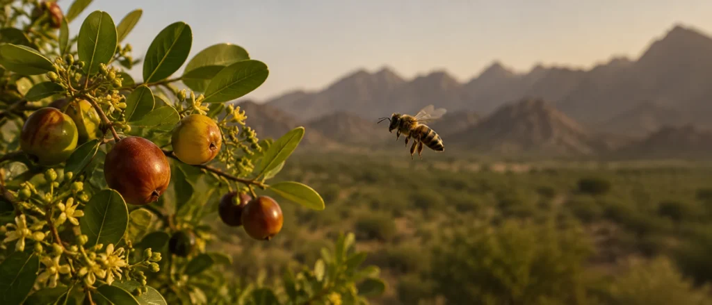 Six anonymous Gulf honey jars on a majlis table with Arabic coffee and a curious bee