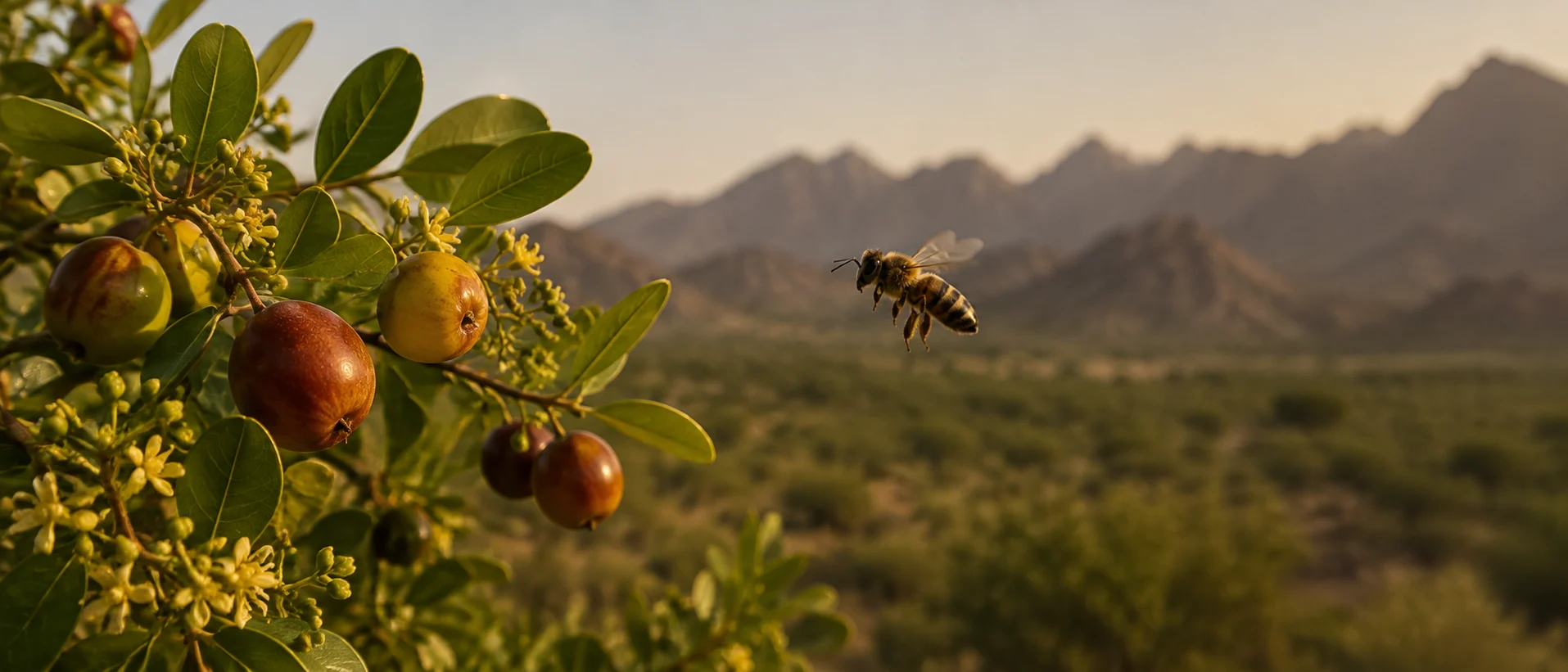 Six anonymous Gulf honey jars on a majlis table with Arabic coffee and a curious bee