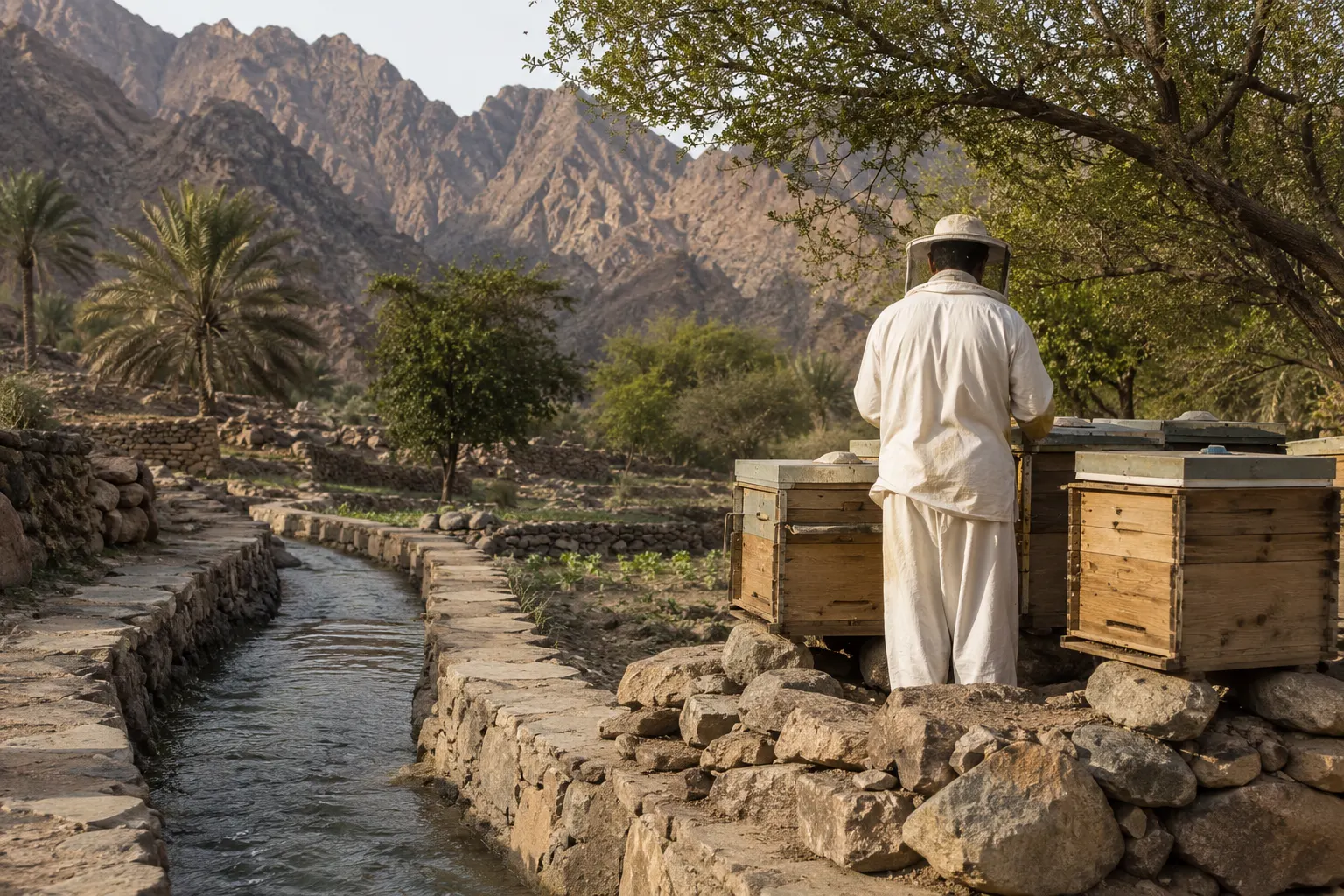 Traditional Hatta falaj, mountain beekeeper and Sidr honey in the UAE